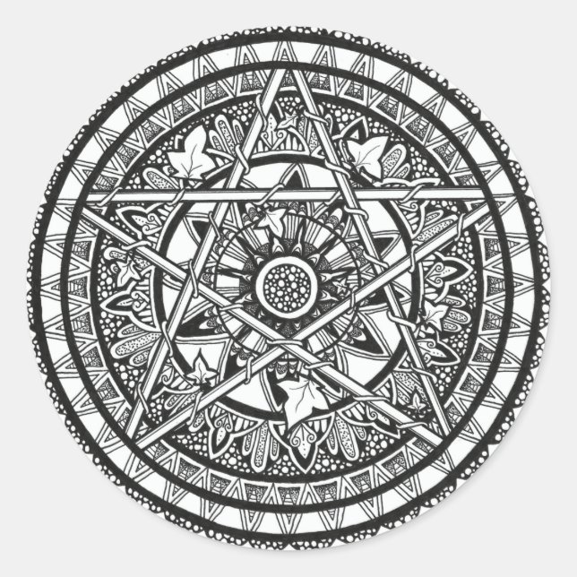 Sticker Rond Modèle mandala noir et blanc de lierre (Devant)