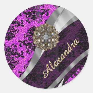 Sticker Rond Modèle personnalisé joli magenta girly damask