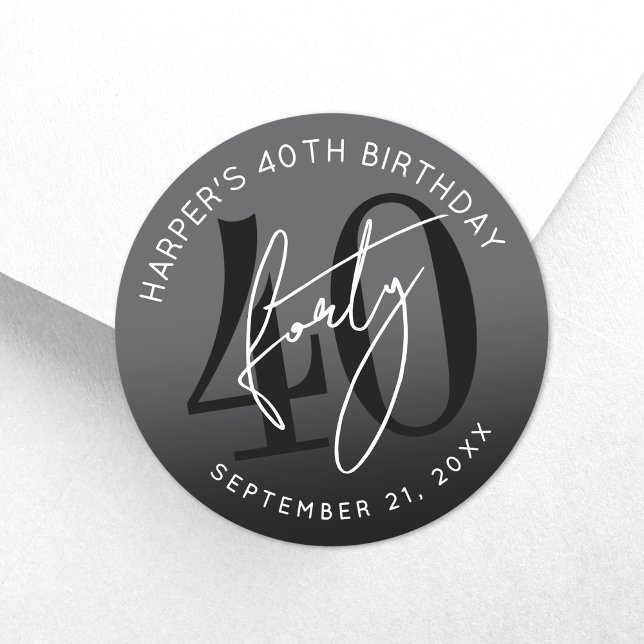 Sticker Rond Modern Black 40th Birthday Party (Modern Black 40th Birthday Party Classic Round Sticker)