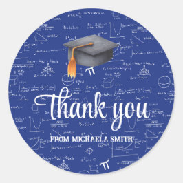 Sticker Rond Modern Black Cap Math Graduation Blue Thank You