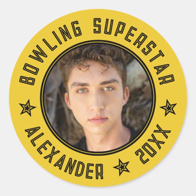 Sticker Rond Modern Bowling Superstar Jaune Nom photo Date (Devant)