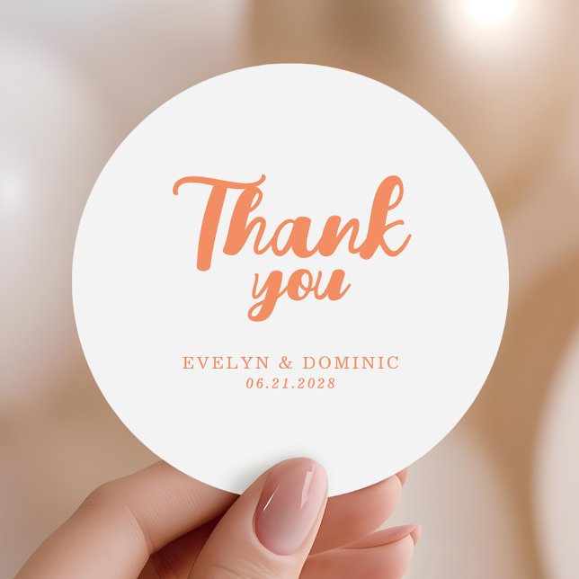 Sticker Rond Modern Coral Orange Wedding Thank You (Créateur téléchargé)