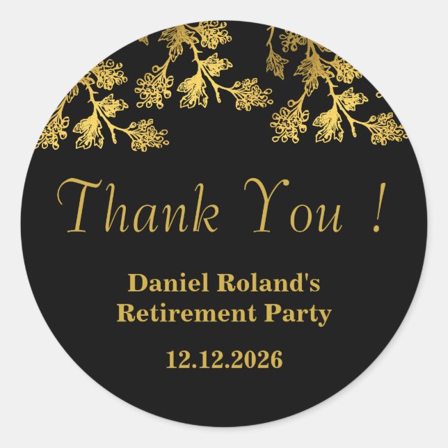 Sticker Rond Modern Elegant Floral Gold Black Retirement (Devant)
