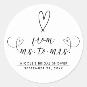 Sticker Rond Modern Hearts noir blanc Ms. to Mrs. Bridal 