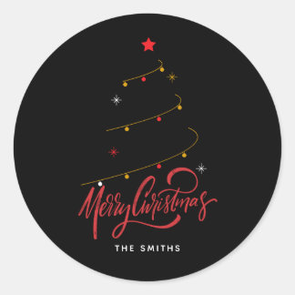 Sticker Rond Modern Minimalist Merry Christmas Script Tree