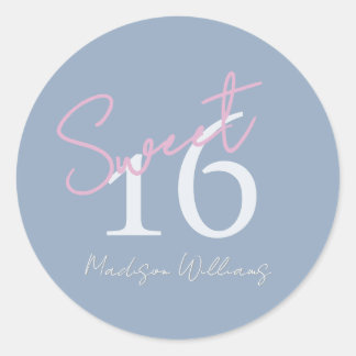 Sticker Rond Modern Minimalist Sweet 16th Pink Blue Birthday