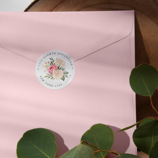 Sticker Rond Modern Peony or Bouquet Botanique Adresse de retou (Créateur téléchargé)