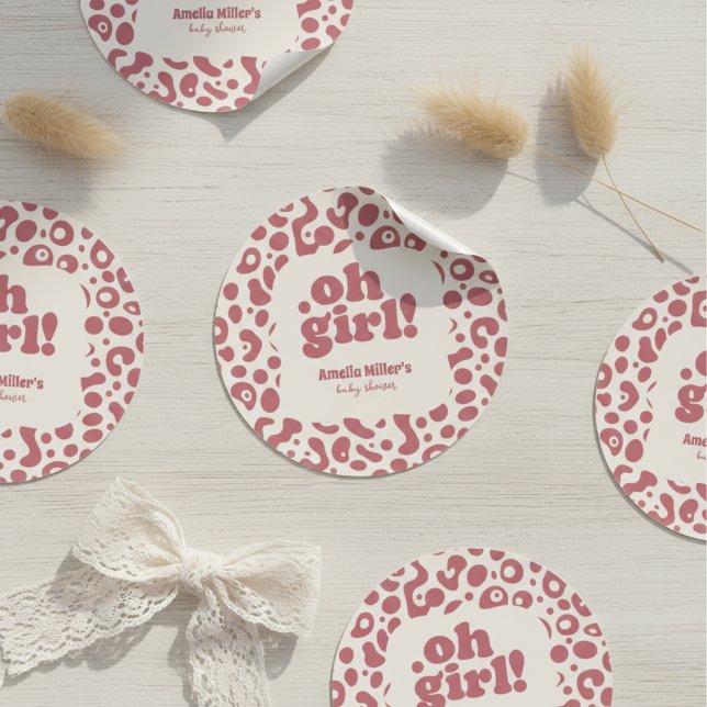 Sticker Rond Modern Pink Leopard Oh Girl! Baby Shower (Créateur téléchargé)