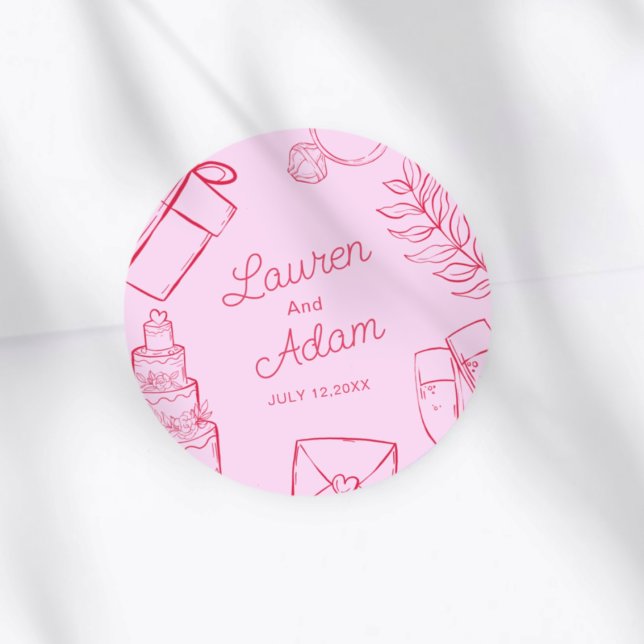 Sticker Rond Modern Pink & Red Wedding sketch Favor (Créateur téléchargé)