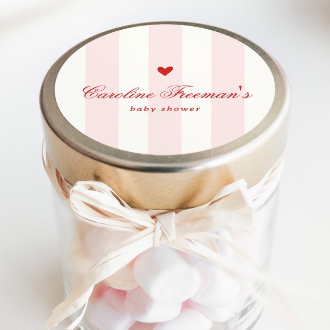 Sticker Rond Modern Pink Stripe Heart Valentine Baby Shower (Créateur téléchargé)