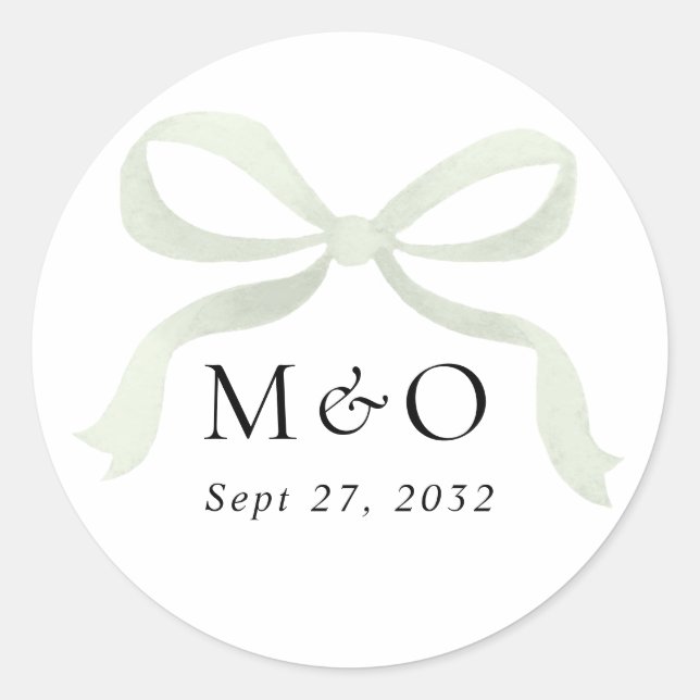 Sticker Rond Modern Sage Green Bow Watercolor Monogram Wedding (Devant)