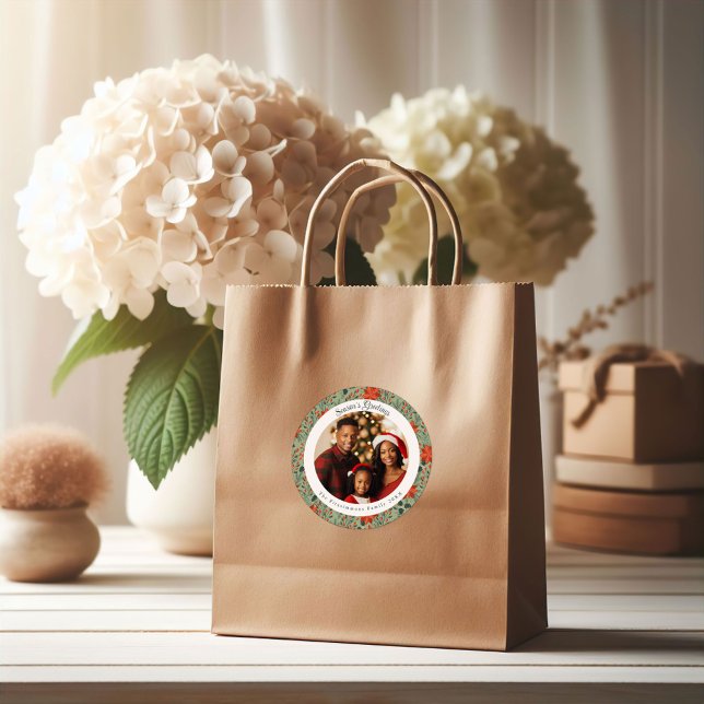 Sticker Rond Modern Sage Green Poinsettia Botanical Christmas (Poinsettia Season Round Christmas Photo Sticker sage green)