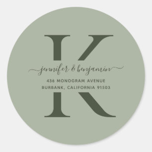 Sticker Rond Modern Sage Green Script Monogramme Adresse de ret