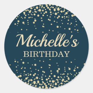 Sticker Rond Moderne Anniversaire Paillettes Bleu Nuit Or