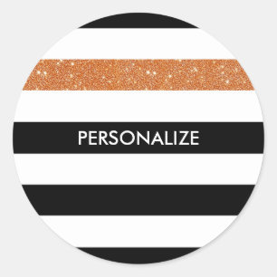 Sticker Rond Moderne Black Stripes FAUX Orange Glitz et nom