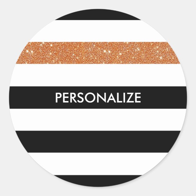 Sticker Rond Moderne Black Stripes FAUX Orange Glitz et nom (Devant)