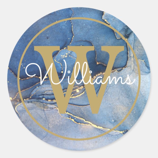 Sticker Rond Moderne Blue Agate Geode Gold Monogramme (Devant)