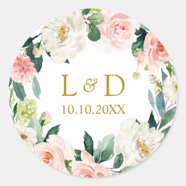 Sticker Rond Moderne Blush Gold Floral Mariage Classic Monogram (Devant)
