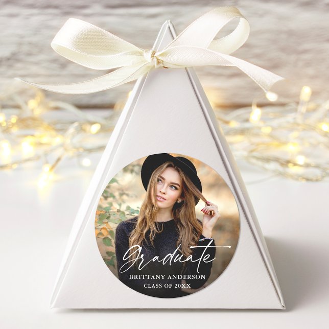 Sticker Rond Moderne Calligraphie Encre Script Photo Graduation (Customize to change your personalized text size or text style.)