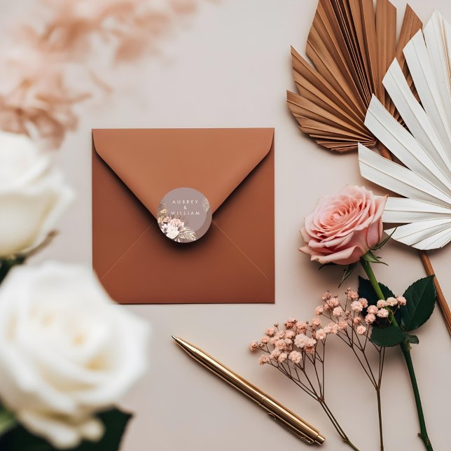 Sticker Rond Moderne Chic Bohème Aquarelle Mariage Floral (Modern Chic Bohemian Watercolor Floral Wedding Classic Round Sticker)