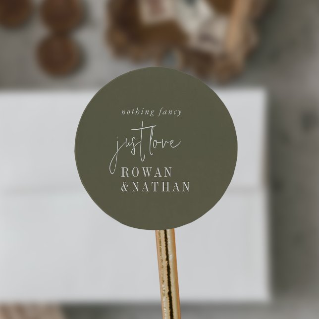 Sticker Rond Moderne Chic Olive Green Just Love Mariage (Créateur téléchargé)