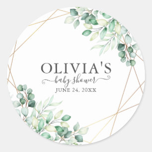 Sticker Rond Moderne Chic Végétal Eucalyptus Doré Baby Shower