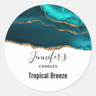 Sticker Rond Moderne Design Turquoise Agate & Gold Ribbon Bougi