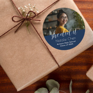 Sticker Rond Moderne Elegant Blue Photo Graduation