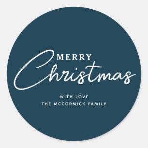 Sticker Rond Moderne Elegant Marine Bleu Joyeux Noël Nom