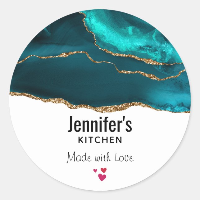 Sticker Rond Moderne et élégant Turquoise Agate & Gold Ribbon C (Devant)