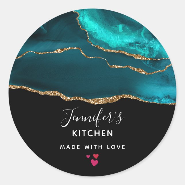 Sticker Rond Moderne et élégant Turquoise Agate & Gold Ribbon C (Devant)