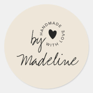 Sticker Rond Moderne fait main avec amour écriture cœur écru