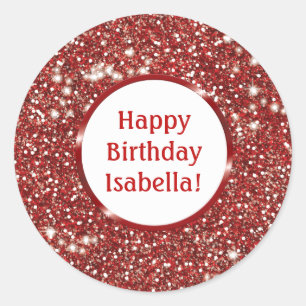 Sticker Rond Moderne Faux Paillettes Rouge Joyeux Anniversaire
