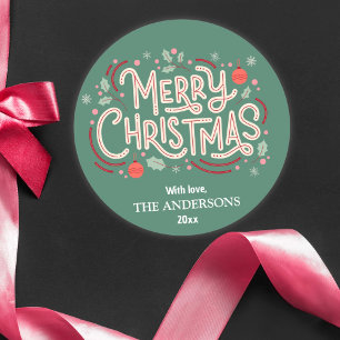 Sticker Rond Moderne festif mignon vert & blanc Joyeux Noël