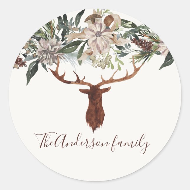 Sticker Rond Moderne feuillage fleuri rustique vacances de cerf (Devant)