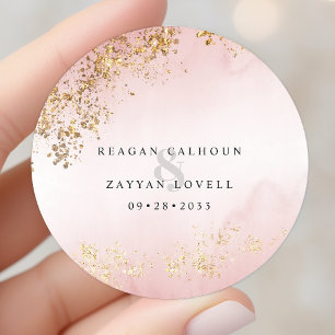 Sticker Rond Moderne Luxe Paillettes Dorées Mariage Rose Pâle