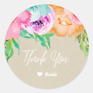 Sticker Rond Moderne Mariage Floral Marron Kraft Clair
