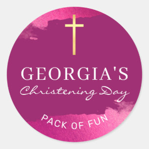 Sticker Rond MODERNE NOYAGE feuille or croix rose foncé