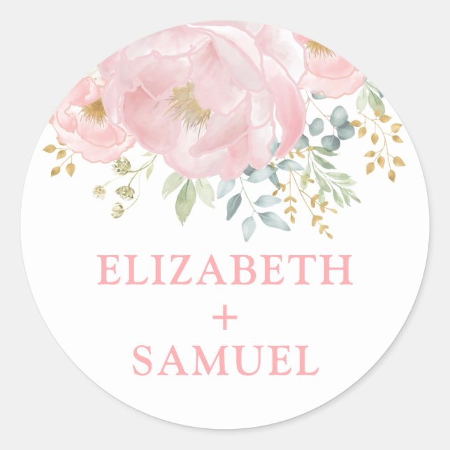 Sticker Rond Moderne Pastel Blush rose Floral Mariage (Devant)