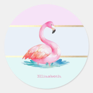 Sticker Rond Moderne Pastel rayé, Flamants roses roses