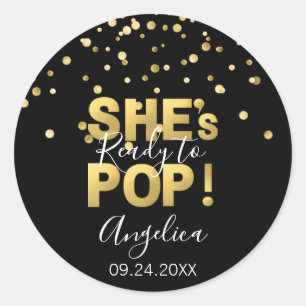 Sticker Rond Moderne Prêt pour la Pop Baby shower Or Noir