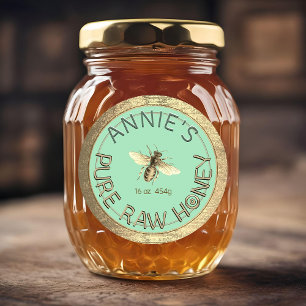 Sticker Rond Moderne Pure Miel Abeille Or Frame Bleu Cyan