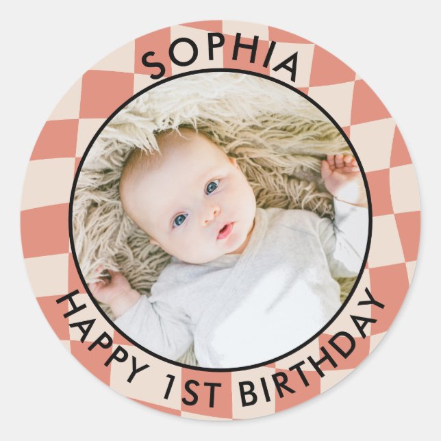 Sticker Rond Moderne Retro Happy 1er Anniversaire Vérification  (Devant)