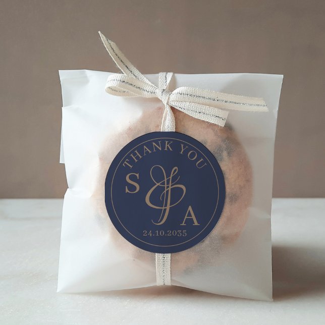 Sticker Rond Moderne Simple Marine & Gold Wedding Favor (Créateur téléchargé)