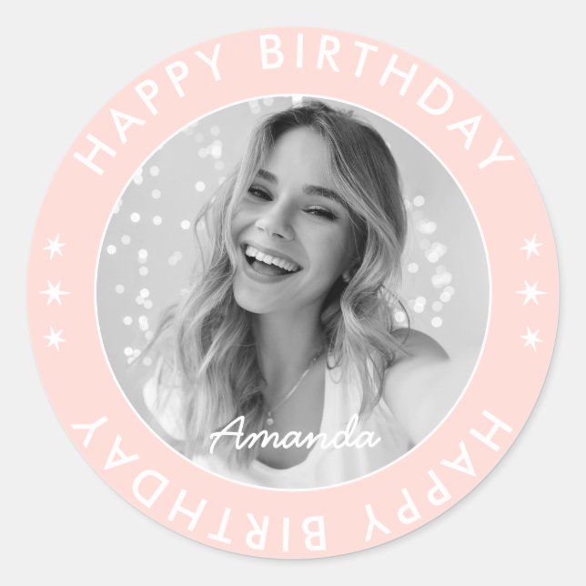 Sticker Rond Moderne simple mignon rose joyeux photo d'annivers (Devant)