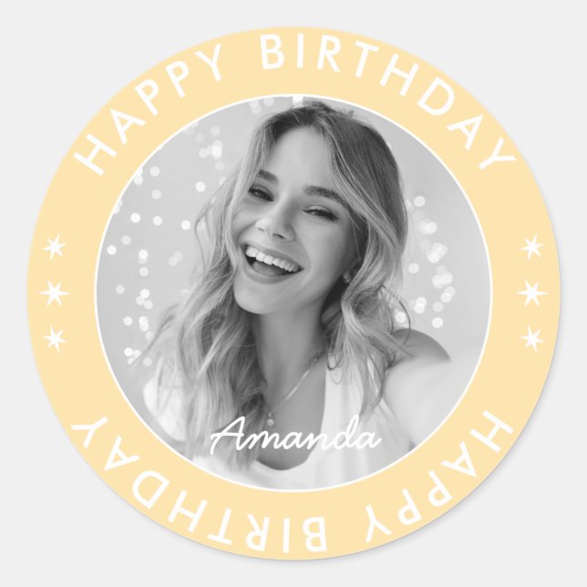 Sticker Rond Moderne simple Pastel Jaune joyeuse photo d'annive (Devant)