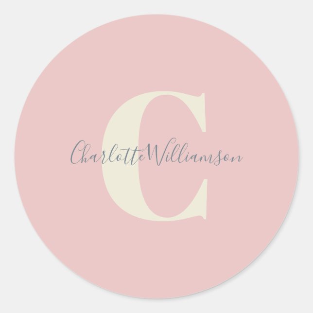 Sticker Rond Moderne Stylish Calligraphie Monogramme Nom Rose (Devant)