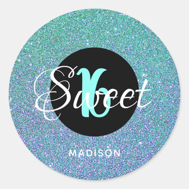 Sticker Rond Moderne Sweet 16 Parties scintillant Aqua Turquois (Devant)