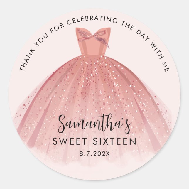 Sticker Rond Moderne Sweet 16 Script Robe Anniversaire Merci (Devant)