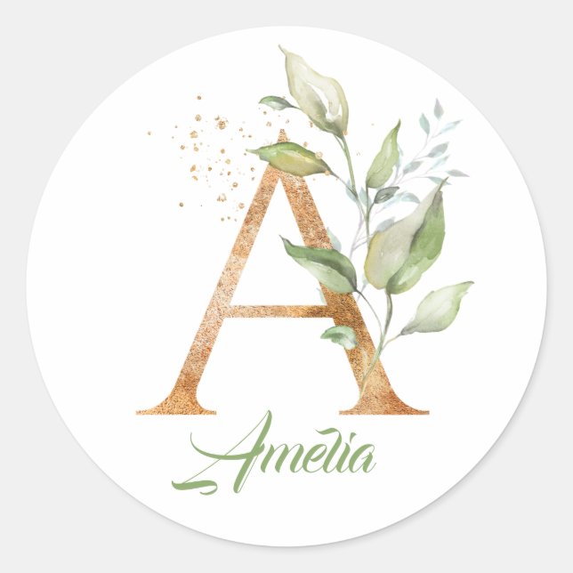 Sticker Rond Moderne tendance Un monogramme vert et doré feuill (Devant)